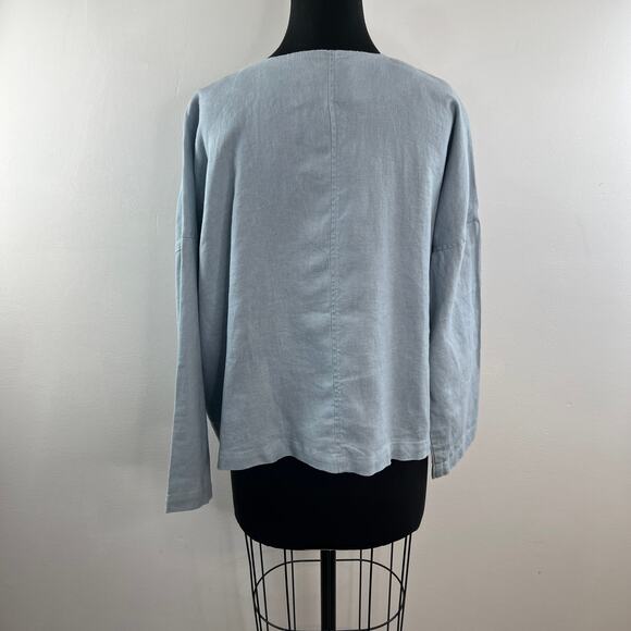 EILEEN FISHER Blue Drape Front Jacket Organic Linen Boxy Fit Size Medium M - Picture 5 of 8